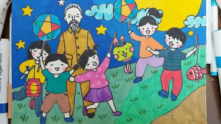 Tranh Tô Màu Đèn Ông Sao Trung Thu Vui Tươi 50